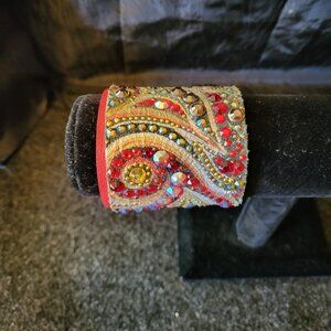 Caroline Rocha Handmade Red & Black Leather Bracelet w/ Swarovski Crystals